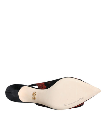 Dolce &amp; Gabbana zwarte rode bloemenkristallen hak slingback schoenen