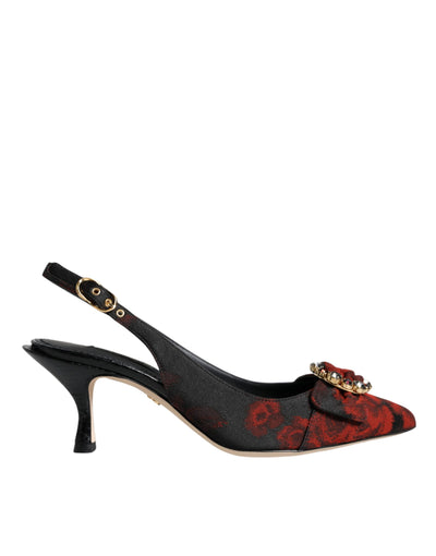 Dolce &amp; Gabbana zwarte rode bloemenkristallen hak slingback schoenen