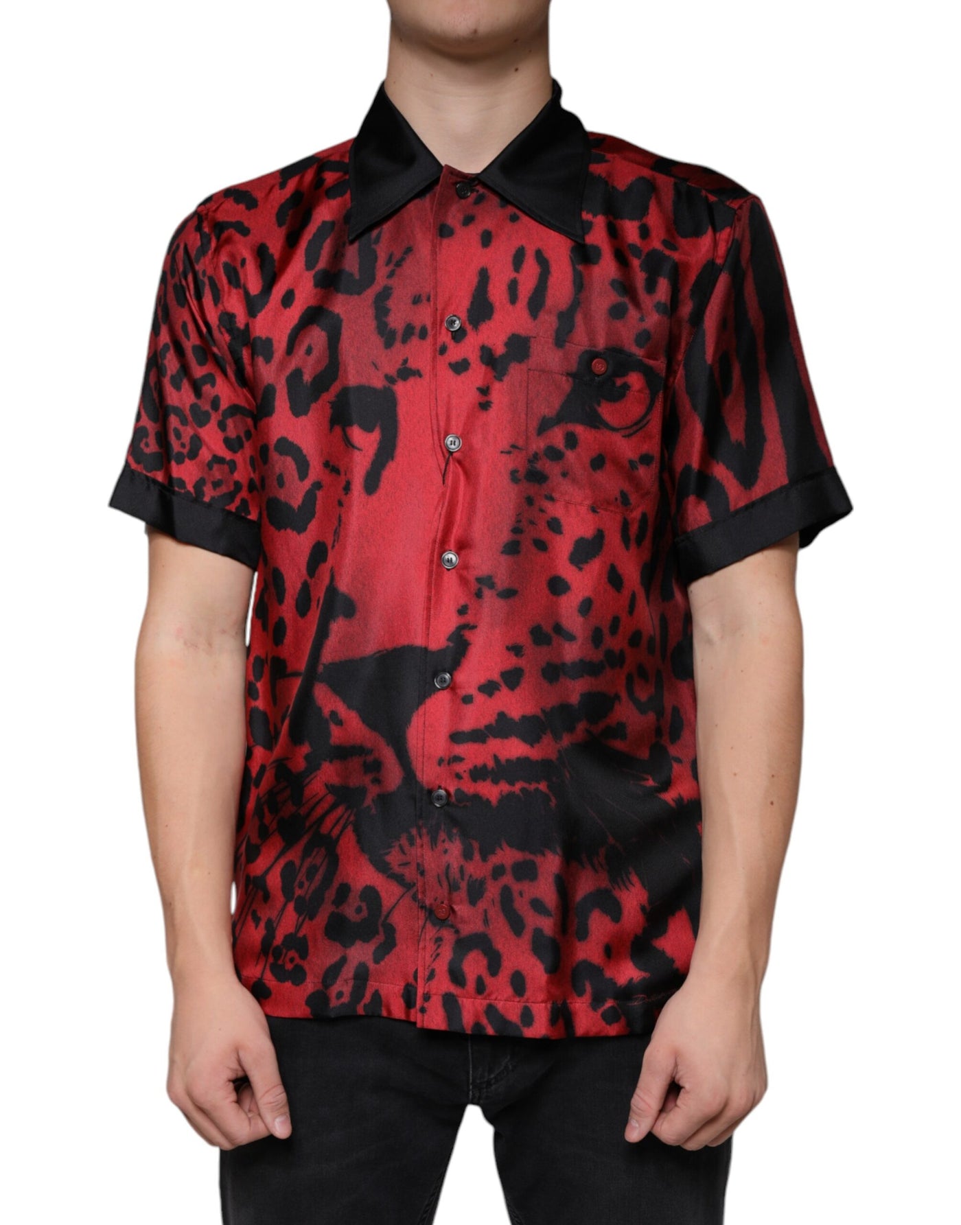 Chemise décontractée boutonnée en soie léopard rouge Dolce &amp; Gabbana