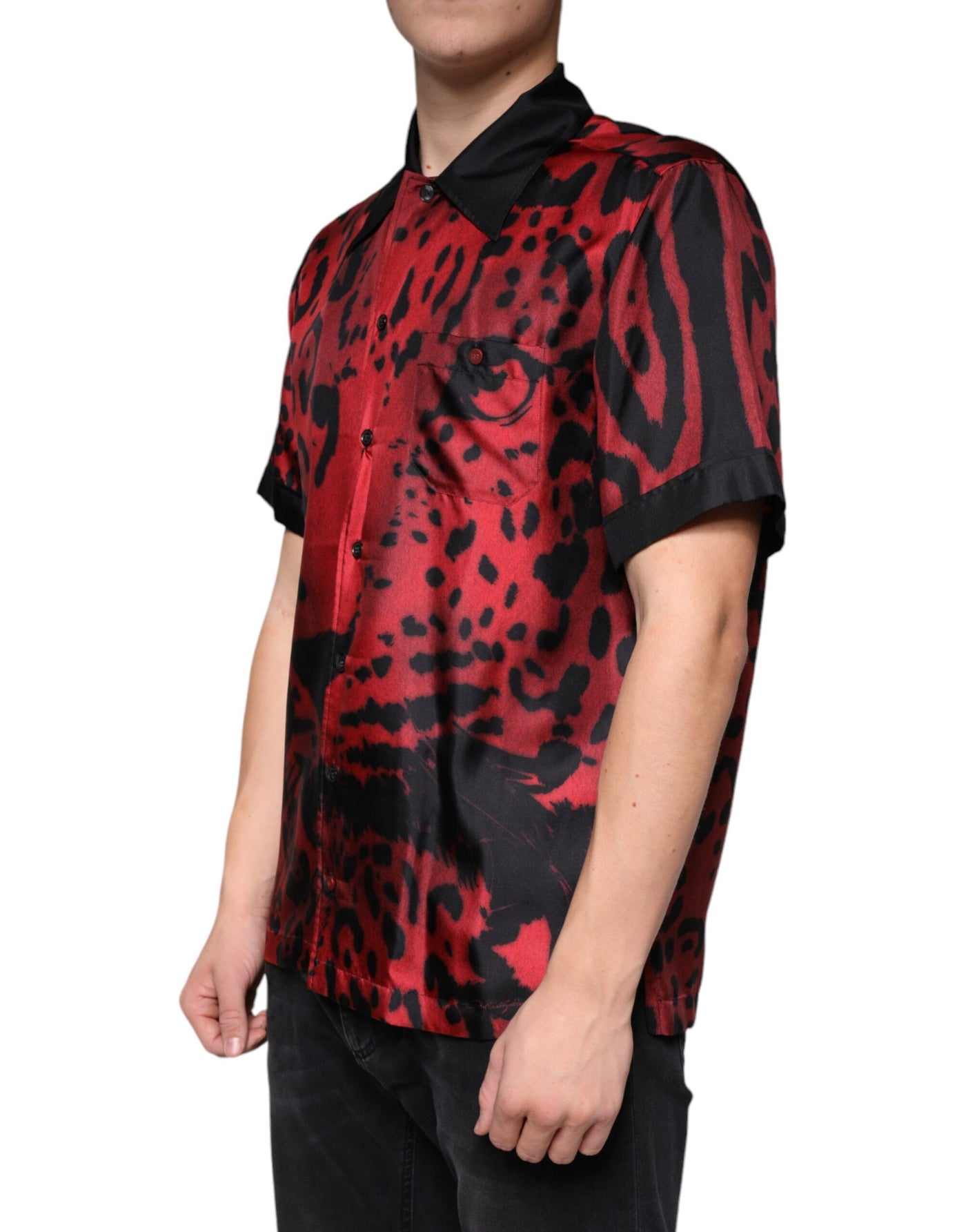 Chemise décontractée boutonnée en soie léopard rouge Dolce &amp; Gabbana