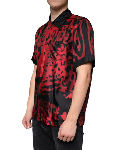 Chemise décontractée boutonnée en soie léopard rouge Dolce &amp; Gabbana