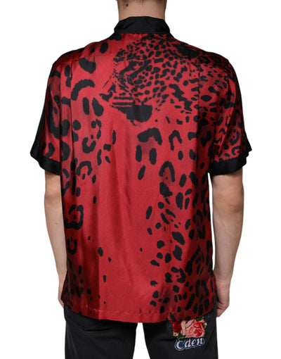 Chemise décontractée boutonnée en soie léopard rouge Dolce &amp; Gabbana
