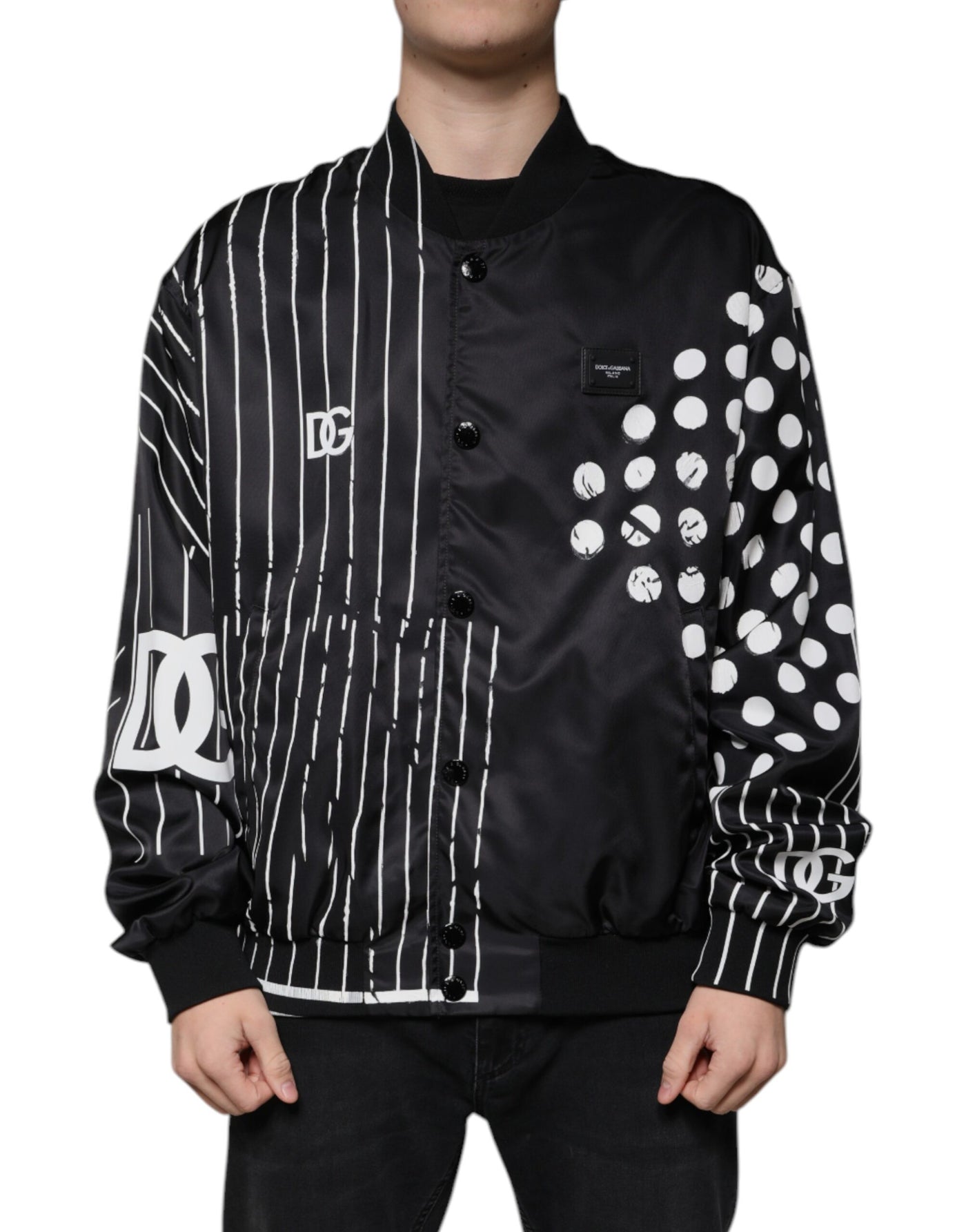 Blouson aviateur en nylon noir à pois et rayures Dolce &amp; Gabbana