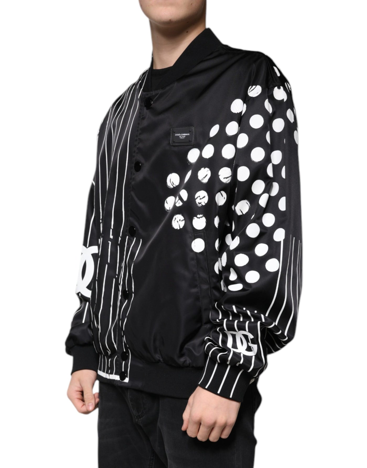 Blouson aviateur en nylon noir à pois et rayures Dolce &amp; Gabbana
