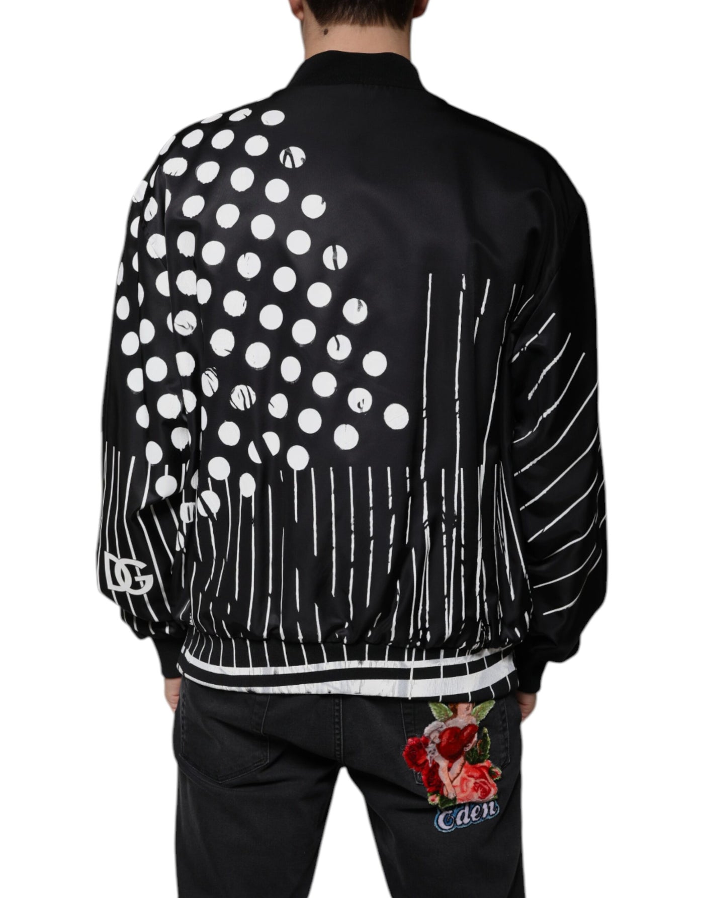 Blouson aviateur en nylon noir à pois et rayures Dolce &amp; Gabbana