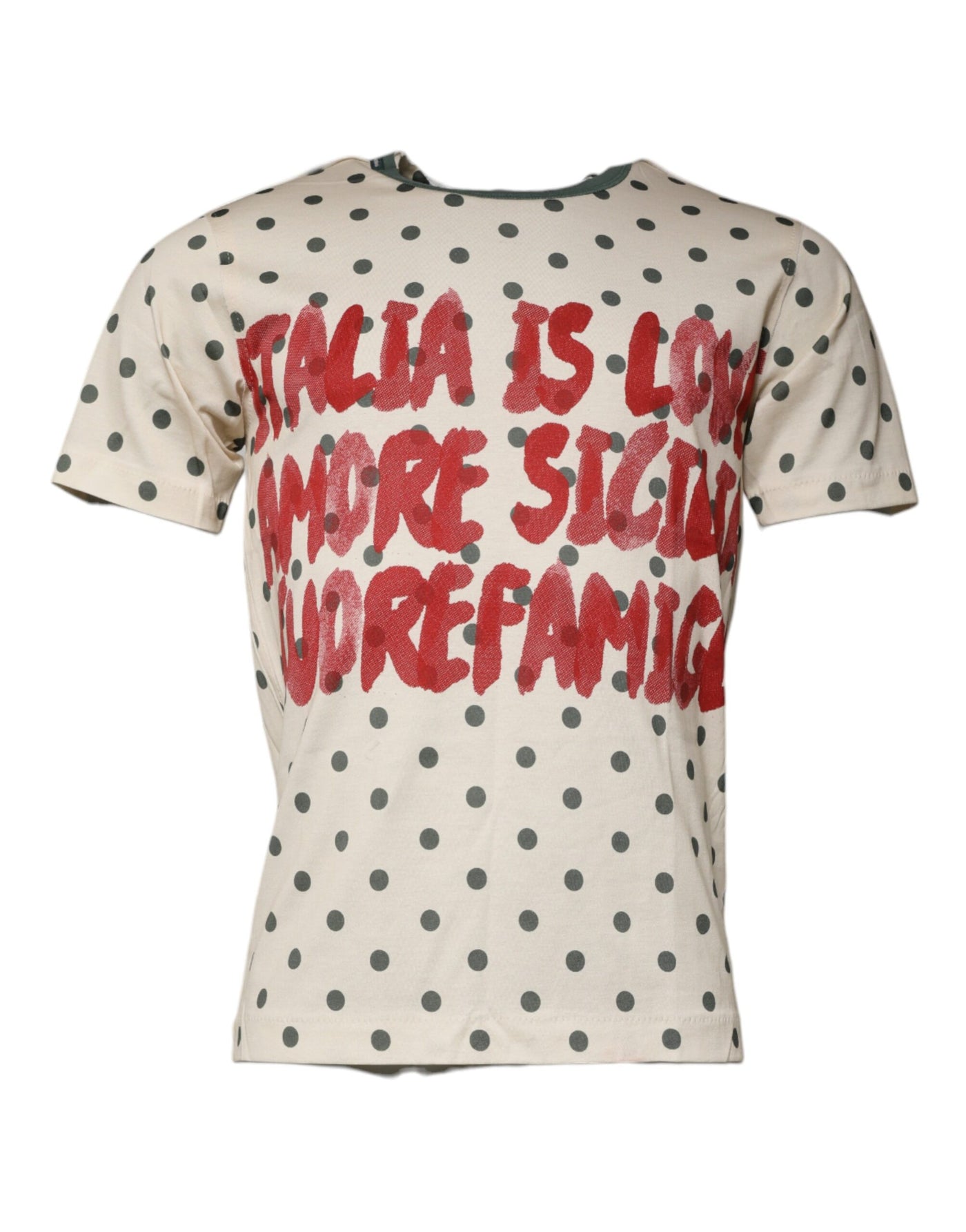 Dolce &amp; Gabbana beige katoenen T-shirt met grafische print en stippen