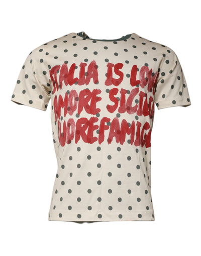 Dolce &amp; Gabbana beige katoenen T-shirt met grafische print en stippen