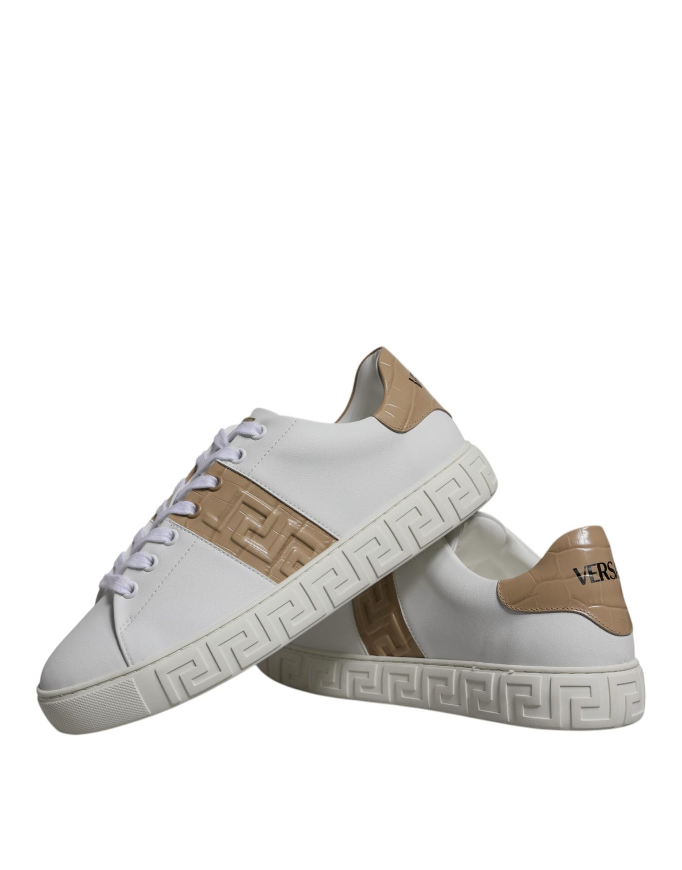 Versace Wit Bruine Greca Print TPU Lage Top Heren Sneakers Schoenen