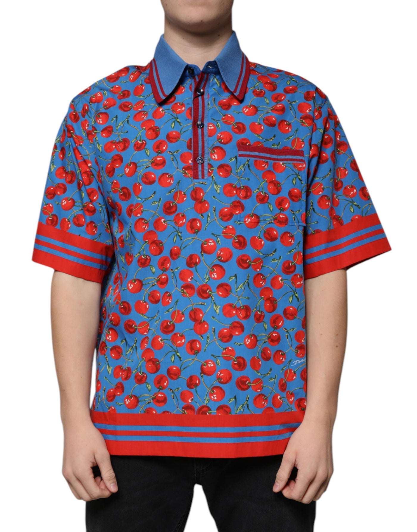 Dolce &amp; Gabbana Blue Cherry Cotton Collared Heren Polo T-shirt