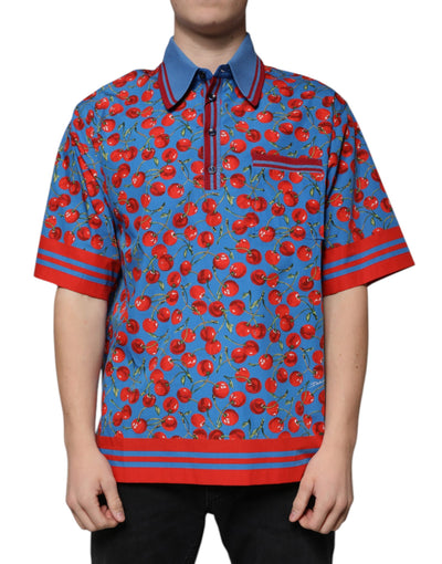 Dolce &amp; Gabbana Blue Cherry Cotton Collared Heren Polo T-shirt