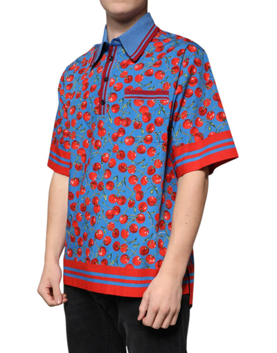 Dolce &amp; Gabbana Blue Cherry Cotton Collared Heren Polo T-shirt