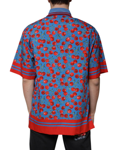 Dolce &amp; Gabbana Blue Cherry Cotton Collared Heren Polo T-shirt