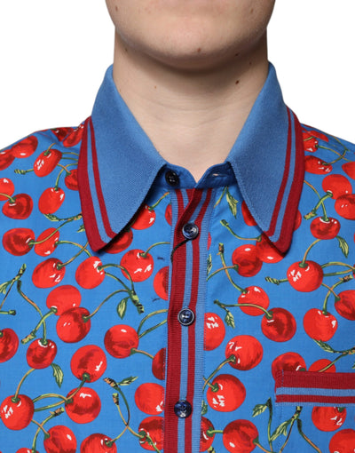 Dolce &amp; Gabbana Blue Cherry Cotton Collared Heren Polo T-shirt