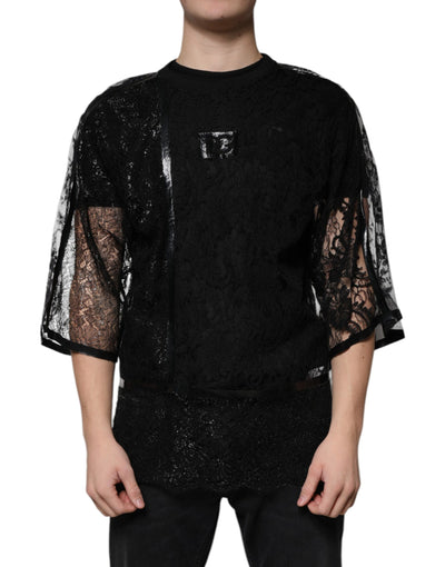 Dolce &amp; Gabbana Zwart Nylon Bloemenkant Ronde Hals T-shirt
