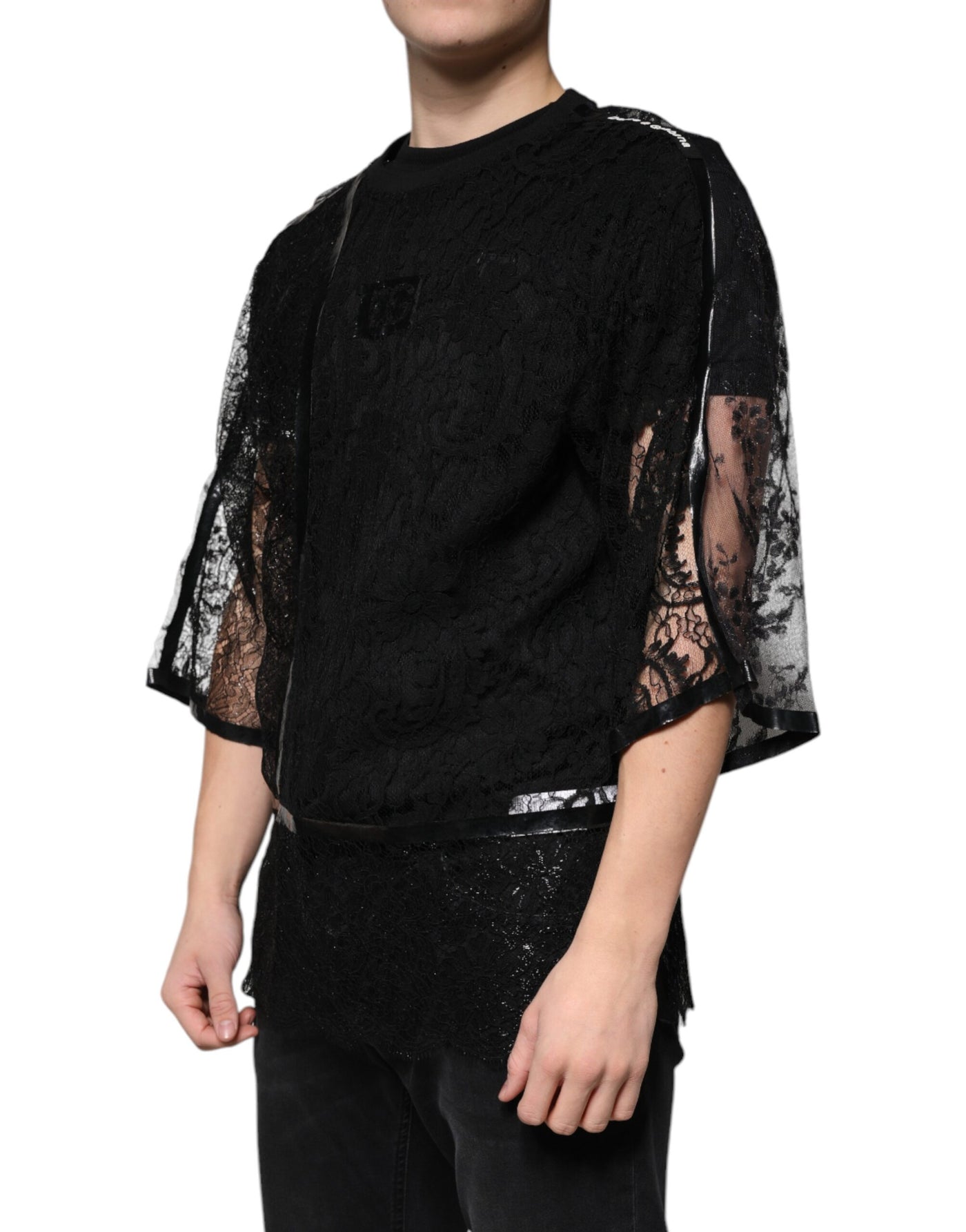 Dolce &amp; Gabbana Zwart Nylon Bloemenkant Ronde Hals T-shirt