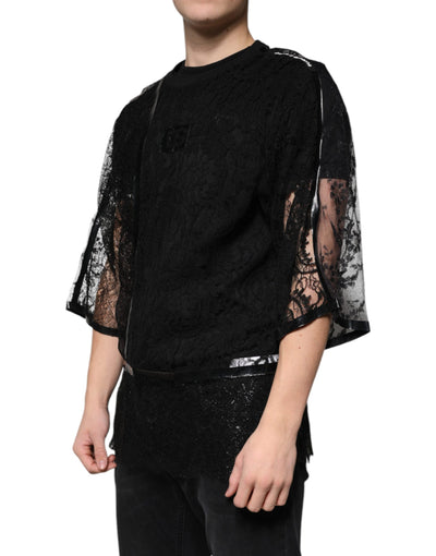 Dolce &amp; Gabbana Zwart Nylon Bloemenkant Ronde Hals T-shirt