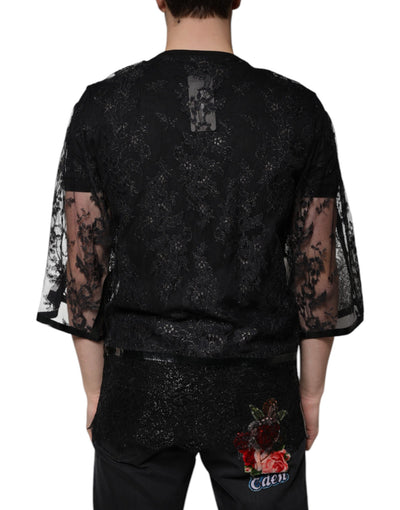 Dolce &amp; Gabbana Zwart Nylon Bloemenkant Ronde Hals T-shirt