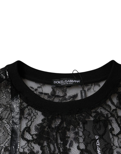 Dolce &amp; Gabbana Zwart Nylon Bloemenkant Ronde Hals T-shirt