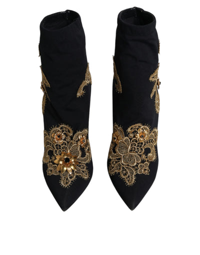 Bottines à enfiler Dolce &amp; Gabbana noires et dorées brodées