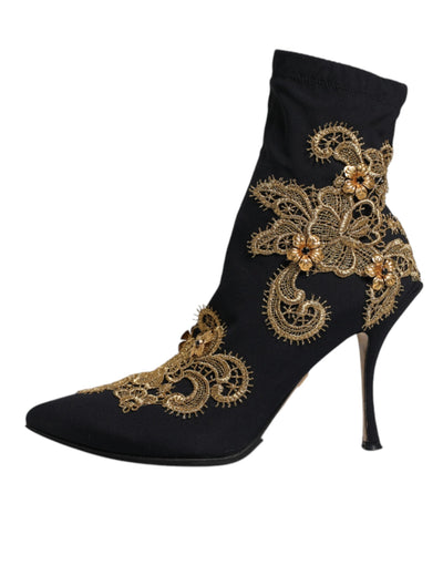 Bottines à enfiler Dolce &amp; Gabbana noires et dorées brodées