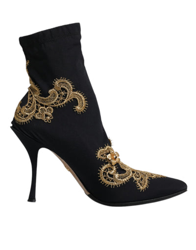 Bottines à enfiler Dolce &amp; Gabbana noires et dorées brodées