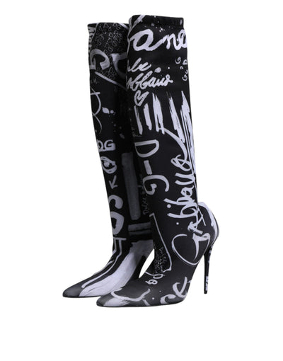 Bottes hautes extensibles à talons et logo noir Dolce &amp; Gabbana