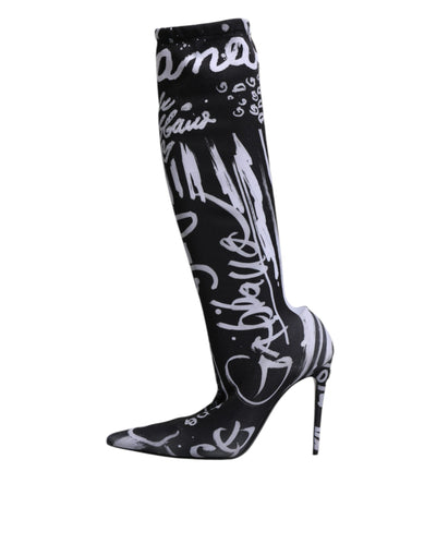 Bottes hautes extensibles à talons et logo noir Dolce &amp; Gabbana