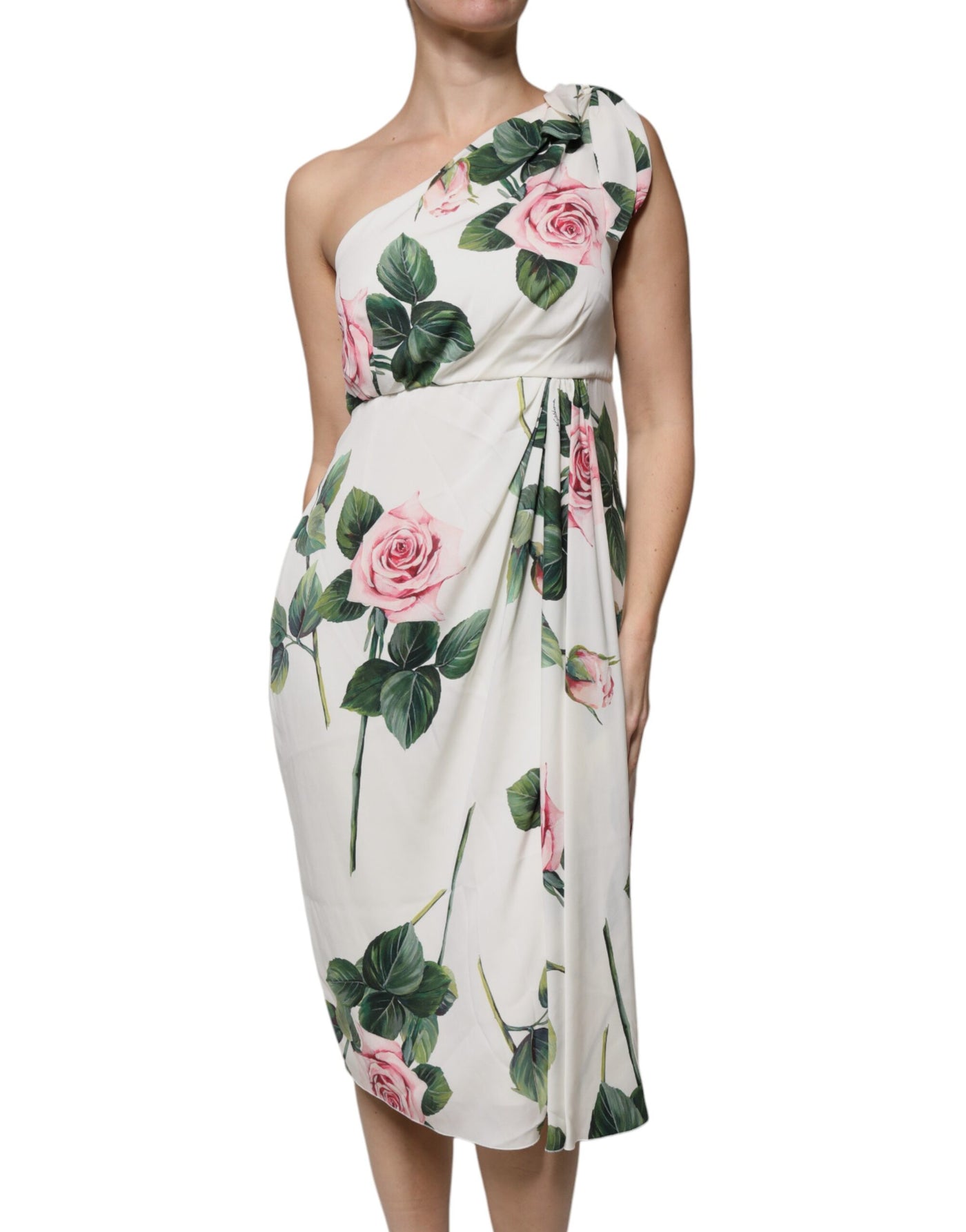 Dolce &amp; Gabbana Witte Zijden Midi-jurk met Bloemenprint en Eén Schouder