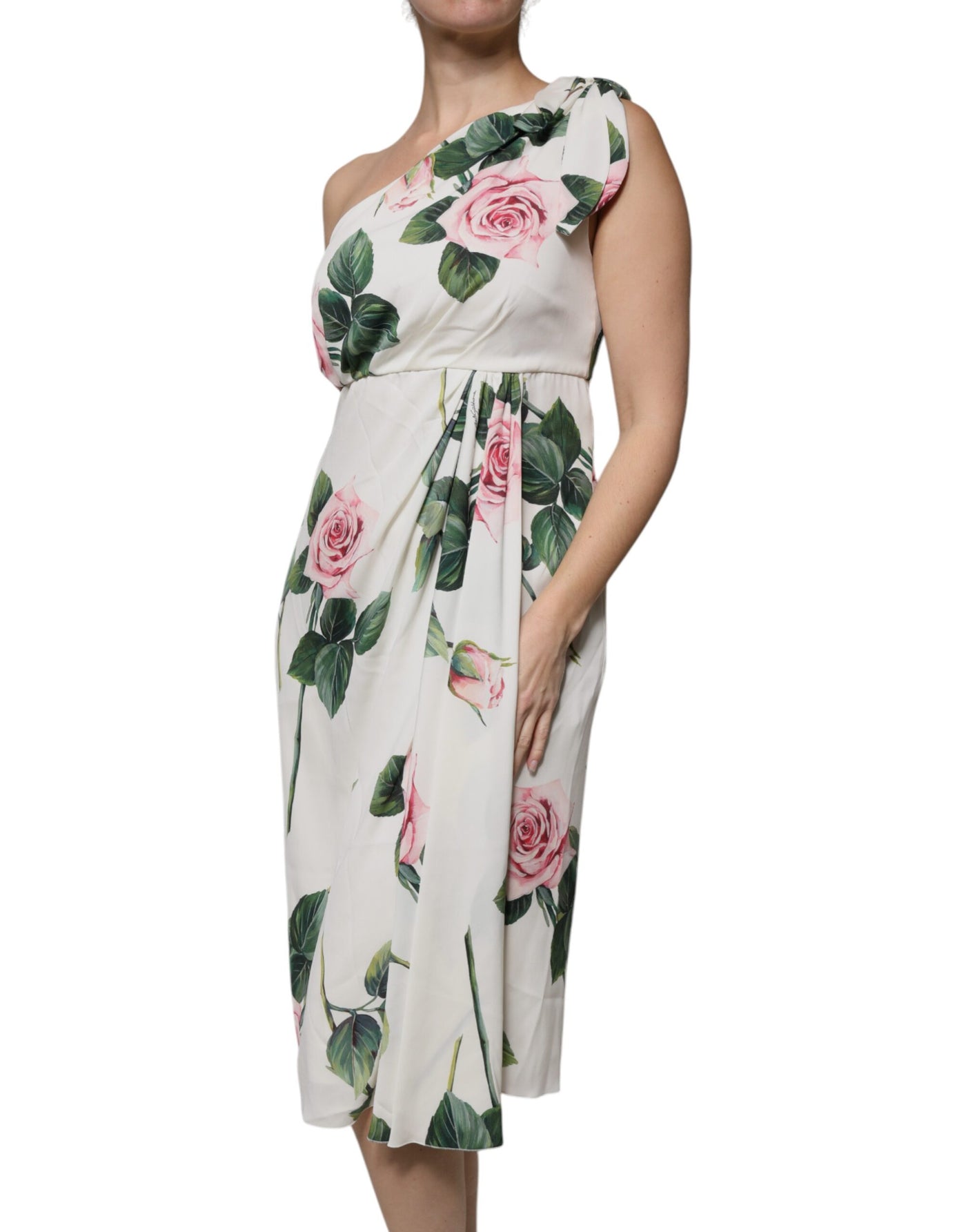 Dolce &amp; Gabbana Witte Zijden Midi-jurk met Bloemenprint en Eén Schouder