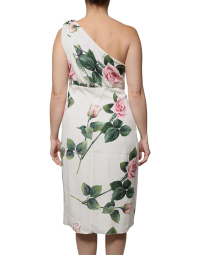 Dolce &amp; Gabbana Witte Zijden Midi-jurk met Bloemenprint en Eén Schouder