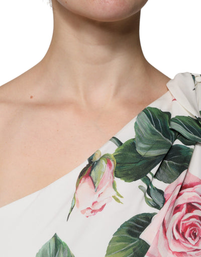 Dolce &amp; Gabbana Witte Zijden Midi-jurk met Bloemenprint en Eén Schouder