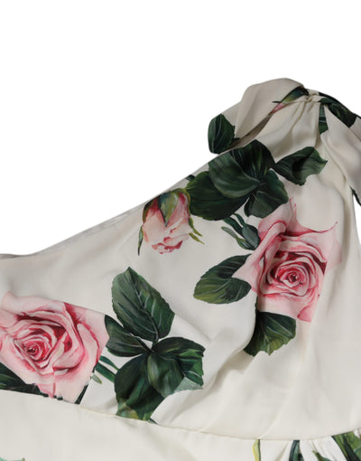 Dolce &amp; Gabbana Witte Zijden Midi-jurk met Bloemenprint en Eén Schouder