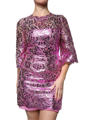 Dolce &amp; Gabbana Metallic Fuchsia Bloemen Mini-jurkje