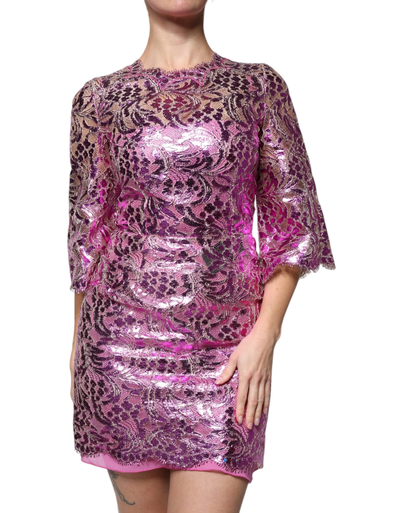 Dolce &amp; Gabbana Metallic Fuchsia Bloemen Mini-jurkje
