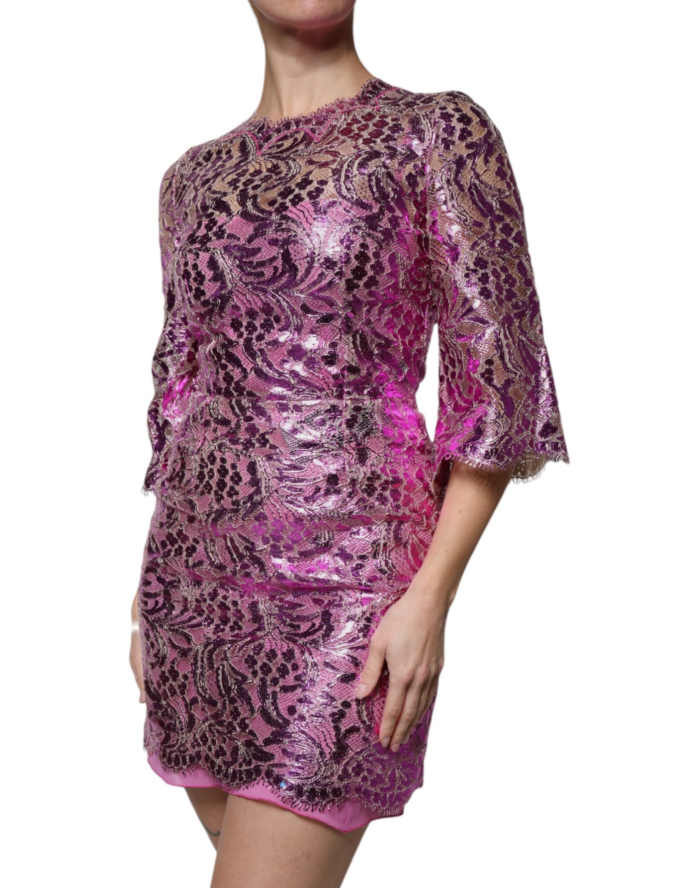 Dolce &amp; Gabbana Metallic Fuchsia Bloemen Mini-jurkje