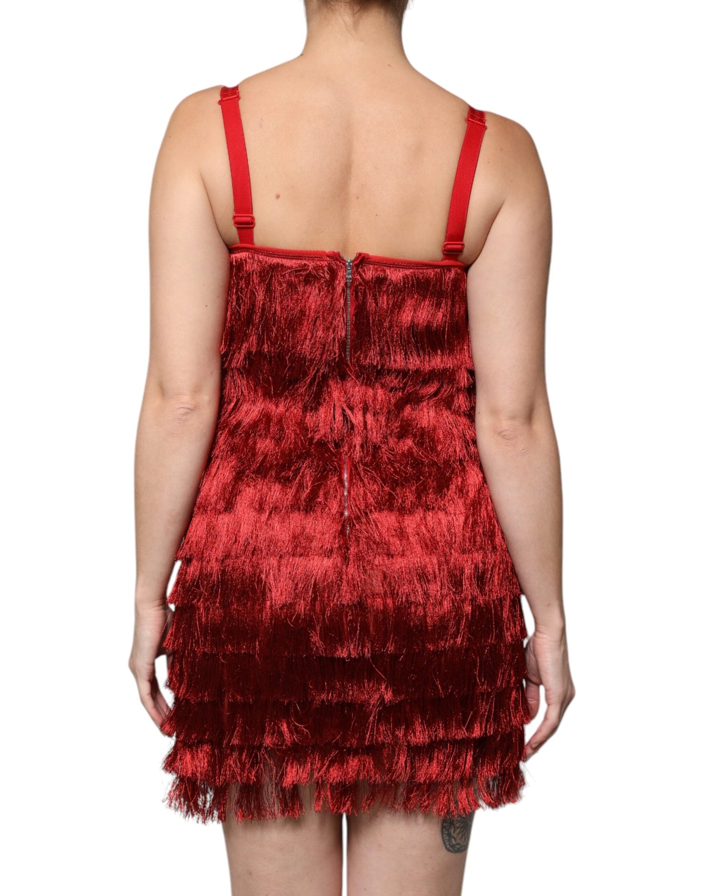 Dolce &amp; Gabbana Rode Kanten Kwastjes Mouwloze Schede Mini Jurk