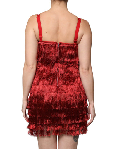 Dolce &amp; Gabbana Rode Kanten Kwastjes Mouwloze Schede Mini Jurk