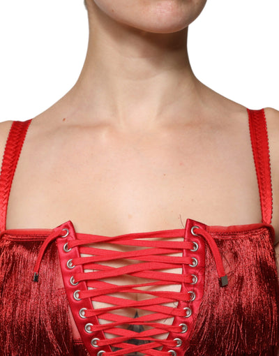 Dolce &amp; Gabbana Rode Kanten Kwastjes Mouwloze Schede Mini Jurk