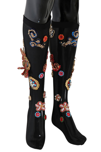 Dolce &amp; Gabbana Zwarte Stretch Carretto Kristallen Sokken