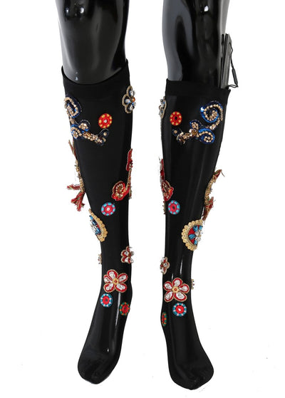 Dolce &amp; Gabbana Zwarte Stretch Carretto Kristallen Sokken