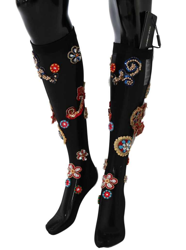Dolce &amp; Gabbana Zwarte Stretch Carretto Kristallen Sokken