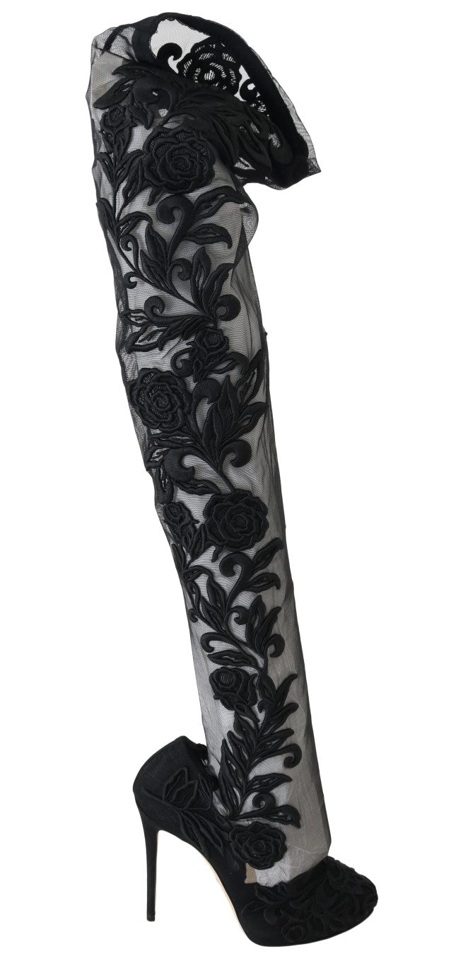 Bottes chaussettes noires brodées de fleurs Dolce &amp; Gabbana