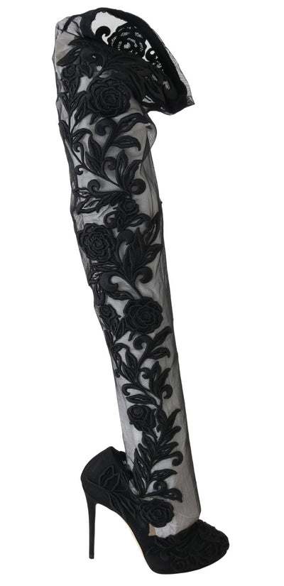 Bottes chaussettes noires brodées de fleurs Dolce &amp; Gabbana