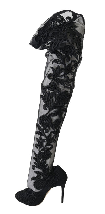 Bottes chaussettes noires brodées de fleurs Dolce &amp; Gabbana
