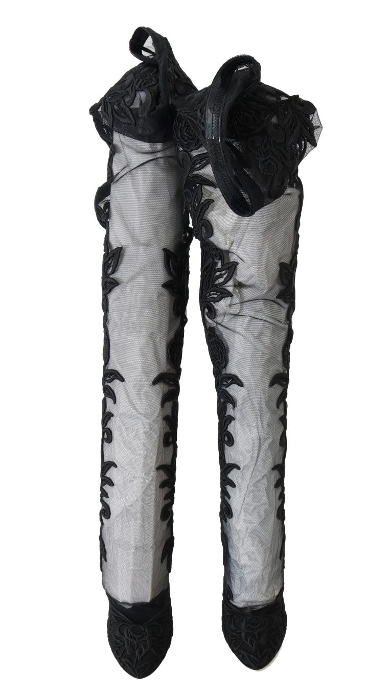 Bottes chaussettes noires brodées de fleurs Dolce &amp; Gabbana