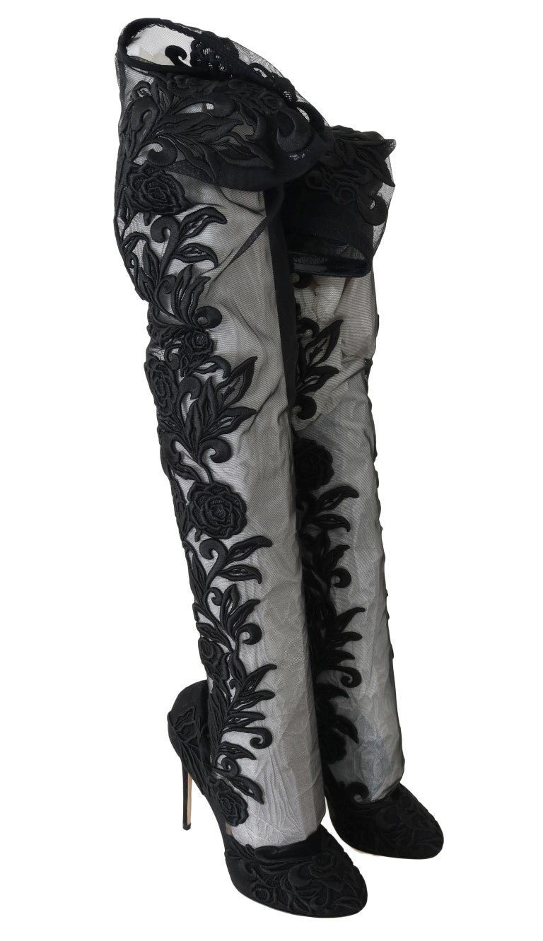 Bottes chaussettes noires brodées de fleurs Dolce &amp; Gabbana