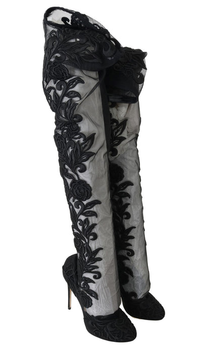 Bottes chaussettes noires brodées de fleurs Dolce &amp; Gabbana