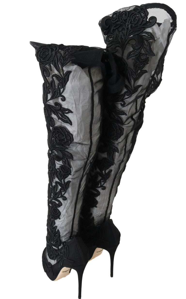 Bottes chaussettes noires brodées de fleurs Dolce &amp; Gabbana