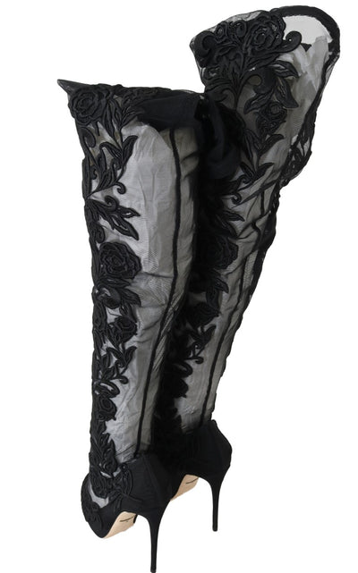 Bottes chaussettes noires brodées de fleurs Dolce &amp; Gabbana