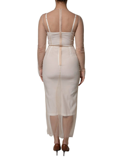 Dolce &amp; Gabbana Witte Doorschijnende Tule Bustier Bodycon Midi-jurk
